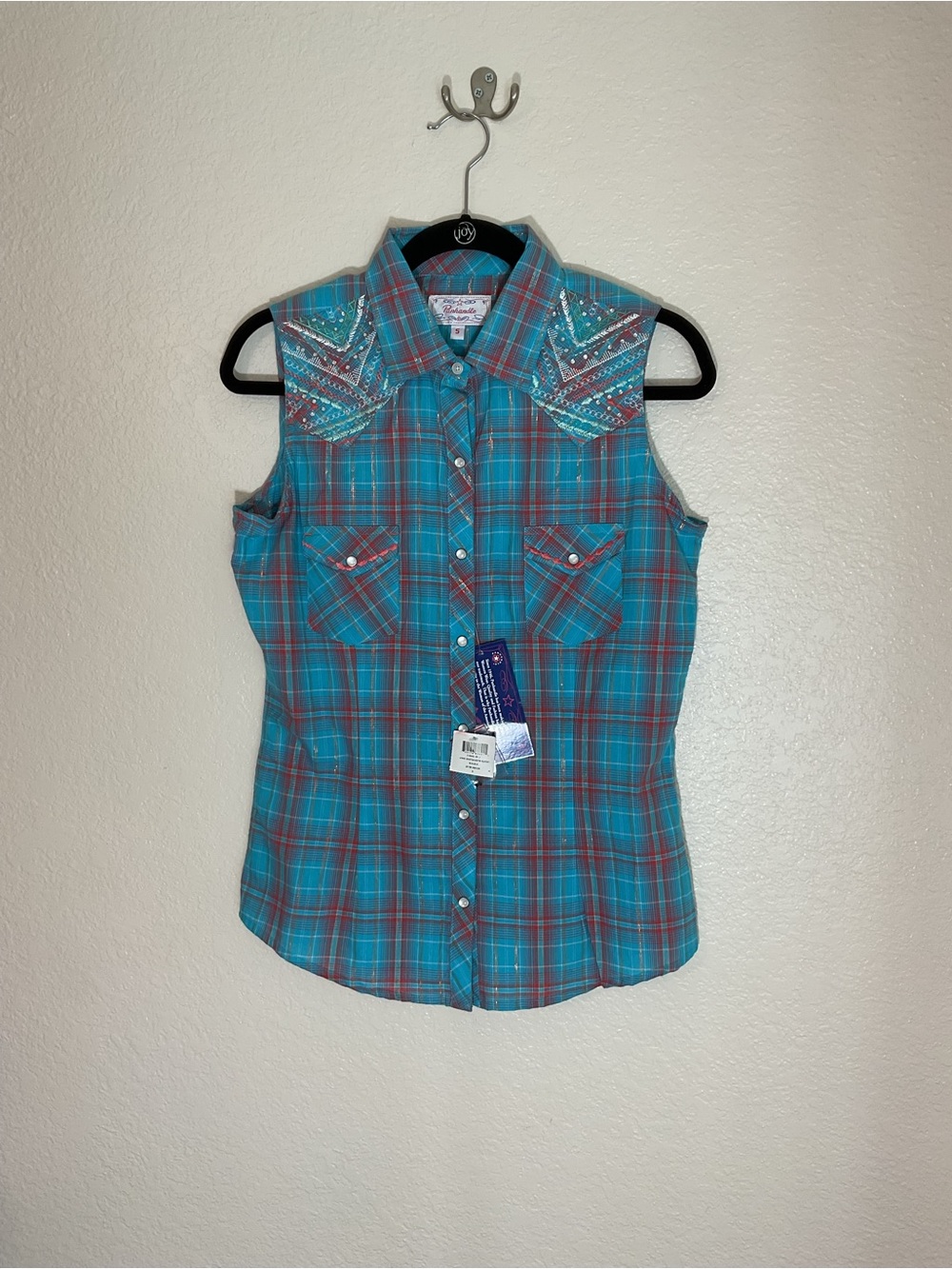Panhandle Western Sleeveless Plaid Snap Shirt Women’s Size S NWT.